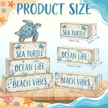 4 Pcs Summer Sea Turtle Bathroom Decor Summer Ocean Table Decorations Beach Tiered Tray Decor Coastal Wooden Signs Shelf Sitter Save The Sea Home Kitchen Office Decorations - style: Turtle