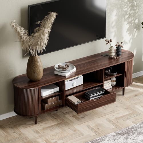 DHH 71" Fluted TV Stand with Power Outlet for TVs up to 80", TV Console with Adjustable Shelves and Sliding Door,Mid Century Modern Entertainment Center for Living Room,Bedroom (Walnut, 71Inch)