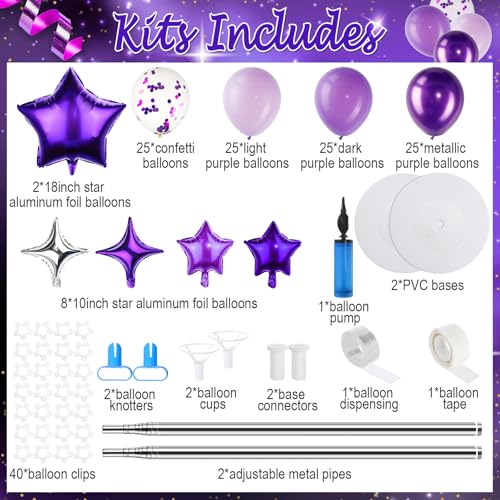 Gejoy 110 Pcs Purple Silver Balloons Column Stand Kit Adjustable Tower Stand from 1.4 to 6.6 ft with Bases for Back to School Wedding Birthday Baby Shower Party - color: Purple Silver