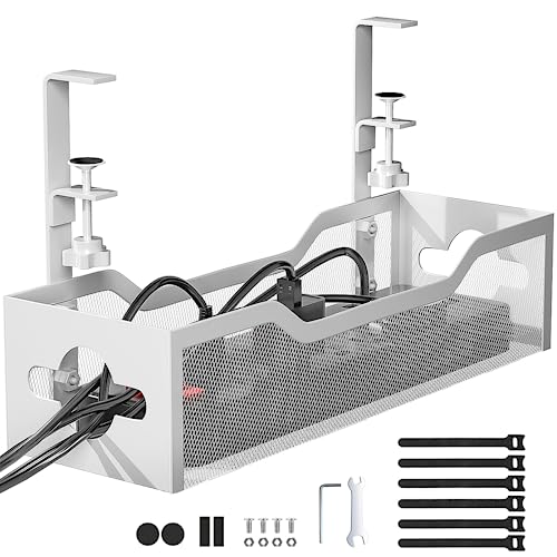 Under Desk Cable Management Tray No Drill, 13.38'' Metal Tray with Clamp for Wire Management, Litwaro Cord Organizer Home Office Damage to Standing Desk, White - color: White, size: 13.38"
