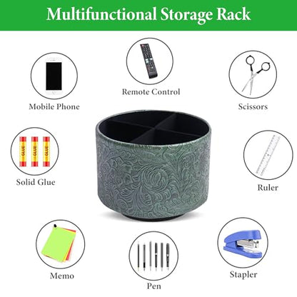 lizimandu Round Leather Art Supply Organizer,Remote Control Holder,360 Degree Spinning,Multi-Functional Pencil Holder,4 Compartments Desktop Stationary Organizer(1-Carved Metal Green1) - color: 1-Carved Metal Green1