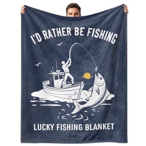 Fishing Gifts for Men, Flannel Soft Lucky Fish Blanket Decor, Fishermen Gifts for Men Boys Accessories, I’d Rather Be Fishing - 50" x 60" - color: Fishing