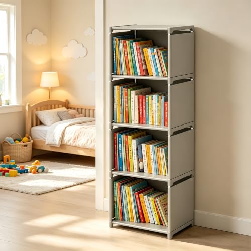 RIIPOO Book Shelf, 4-Cube Storage Organizer, Metal & Fabric Bookcase for Small Spaces, Bedroom, Living Room - style: 4-Cube