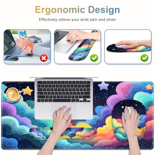 Mouse Pad with Wrist Support 4 in1 Set, XXL Big Game Mousepad + Keyboard Wrist Rest + Mouse Wrist Rest Pad +Coaster Gaming Mat for Home Office Work Computer Laptop I Colorful Clouds Starry Night - color: Colorful Clouds Starry Night