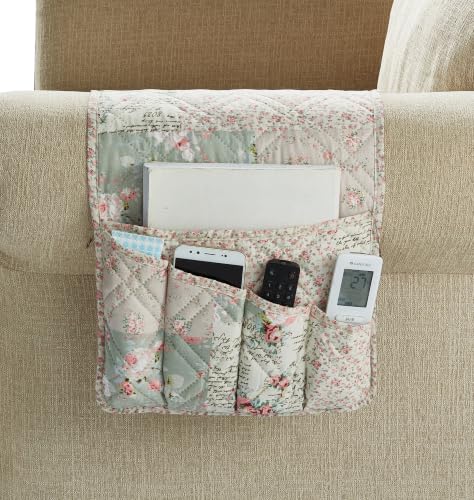 Brilliant Sunshine Patchwork Couch Armrest Organizer, Rose Green (35×13") | Non Slip Armchair Caddy for Sofa Recliner, Washable Remote Controls Holder, Storage for Magazine, Phone, iPad - color: Pink Sage