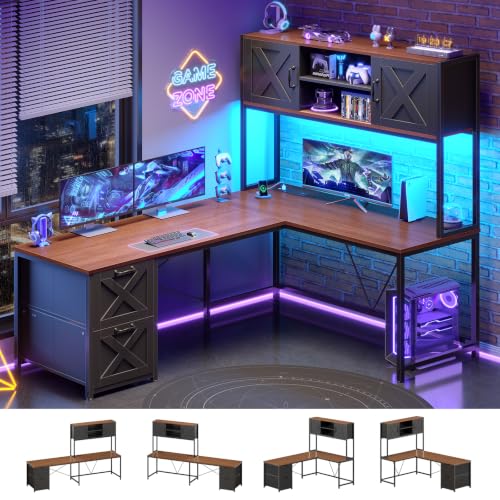 SEDETA L Shaped Gaming Desk, Reversible Computer Desk with Fabric Drawers and Power Outlet, Gaming Desk with Led Lights, Hutch and Storage Shelf for Home Office (Black and Brown) - color: Black and Brown