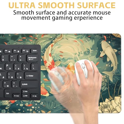 Koi Lotus Pond Desk Mat Large Mouse Pad Gaming Mousepad 31.5 x 15.8 in | Desk Pad for Keyboard and Mouse, Large Non-Slip Rubber Base Mousepad Desk Mat with Stitched Edges for Gaming Office - color: Japanese Koi