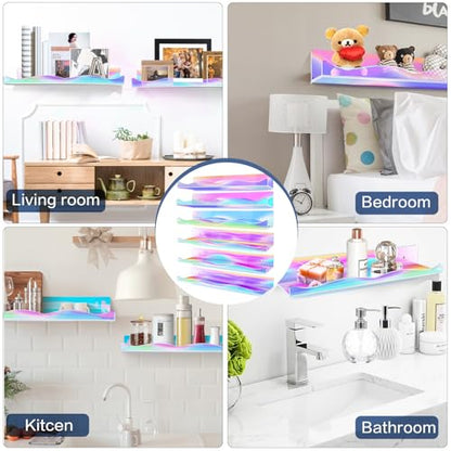 DILIBRA 6 Packs Iridescent Clear Acrylic Floating Shelves, 15.7 Inch Large Set up for Funko Pop Display Case Picture Ledge Shelf, Acrylic Floating Wall Bookshelf Organizer for Kids Room Bathroom