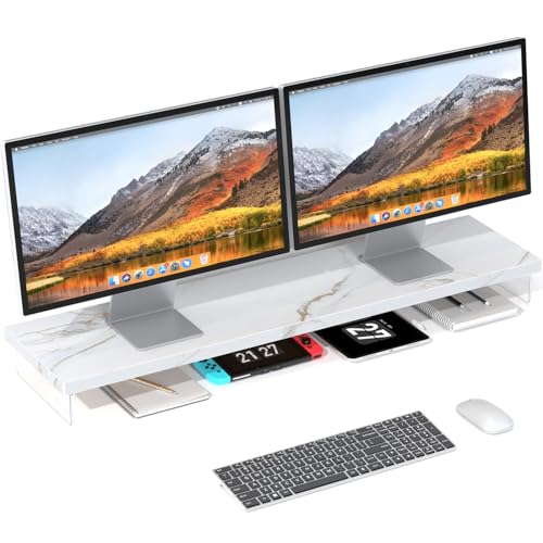 Dual Monitor Stand Riser, 40" Large Computer Monitor Stands for 2 Monitors, Wooden Desktop Organizer Shelf for Office Desk Computer, Laptop, TV, Monitor, Printer - color: White-Sintered Stone, size: 40*10 Inch