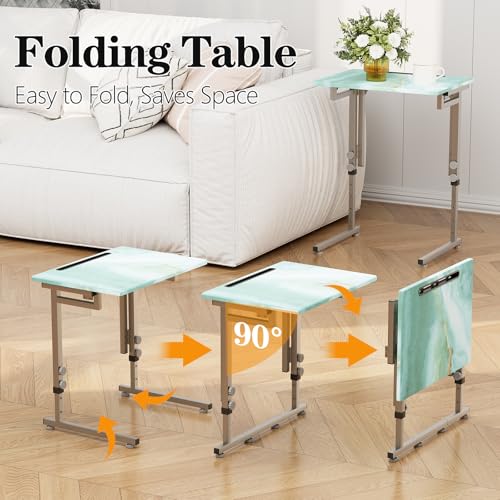 Folding Tv Tray Table,6 Height Adjustable Dinner Snack Slide Under Couch Side Table, Portable Foldable C-Shaped End Table for Eating with Sturdy MDF Top,No Assembly(Sea Blue+Silver) - color: Sea Blue+silver