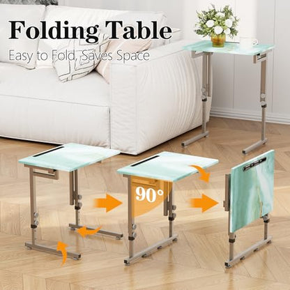 Folding Tv Tray Table,6 Height Adjustable Dinner Snack Slide Under Couch Side Table, Portable Foldable C-Shaped End Table for Eating with Sturdy MDF Top,No Assembly(Sea Blue+Silver) - color: Sea Blue+silver