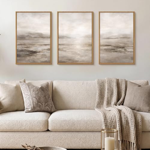HPNIUB Larger Abstract Neutral Brown Framed Canvas Wall Art Set,Modern Misty Watercolor Lake Landscape Wall Decor, Minimalist Texture Pastel Artwork for Living Room,Bedroom,Office-16 x24 x3 - color: Brown Misty Wall Art, size: 16"L x 24"W