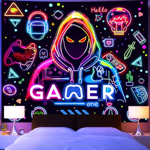 Apdidl Blacklight Gaming Wall Tapestry for Bedroom, Glow in the Dark Funny Game Player Boys Room Decor Tapestries, Cool Gamer Posters UV Reactive Neon Wall Hanging for Kids Living Room Dorm 51" X 60" - color: Gamer Blacklight Tapestry, size: 60"L x 51"W