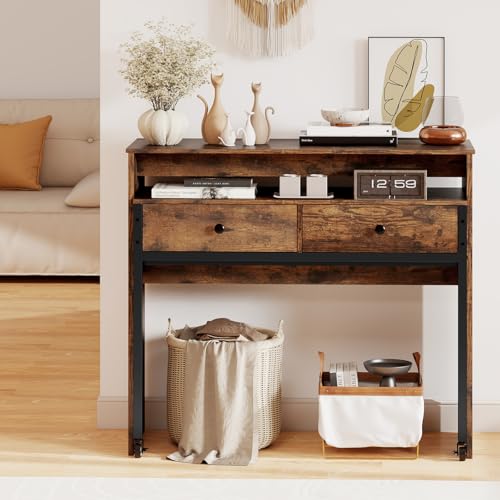 Tangkula Extendable Computer Desk with 2 Storage Drawers, Convertible Home Office Desk with Monitor Shelf, Metal Frame & Lockable Wheels, Rolling Study Writing Desk (Brown) - color: Brown