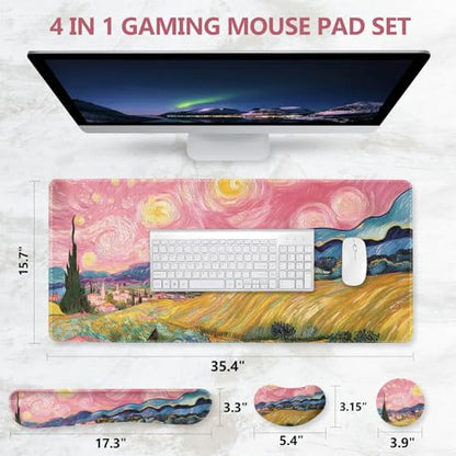 DINKY Desk Pad and Keyboard Wrist Rest, Large Mouse Pad +Keyboard Pad +Mouse Wrist Support +Coaster, 35.4 x 15.7 Inches Non-Slip Desk Mat for Office, Home, Pink Starry Sky Field - color: Pink Starry Sky Field