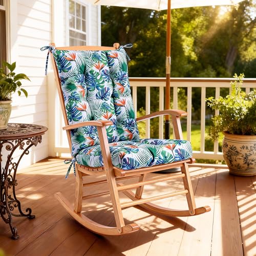 Tropical Rainforest Style Rocking Chair Cushion Set Waterproof Tufted with Ties Non-Slip High Back Chair Pads for Garden Patio Wooden Rockers - color: Waterproof Monstera