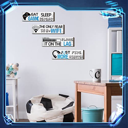 Queekay 4 Pcs Gaming Decor for Teen Boys Room Neon Video Game Posters Wooden Gamer Wall Art Prints for Bedroom Kids Boys Room Playroom Home Decorations Christmas Gift, 8 x 3 Inch(Retro Gray)
