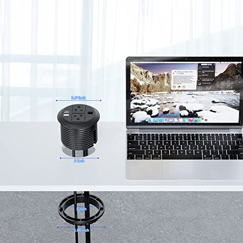 BTU Desktop Power Grommet 3 inch, Desk Power Outlet Socket Recessed Power Strip with 2 AC Outlet & 2 USB Ports & 1 CAT6 & 10ft Power Cords for Computer, Table, Kitchen, Office