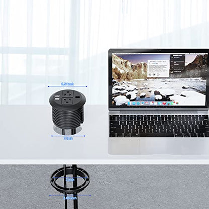 BTU Desktop Power Grommet 3 inch, Desk Power Outlet Socket Recessed Power Strip with 2 AC Outlet & 2 USB Ports & 1 CAT6 & 10ft Power Cords for Computer, Table, Kitchen, Office