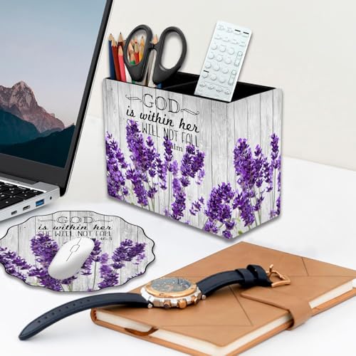 Pen Holder and Anti-Slip Mouse Pad Combination, Makeup Brush Storage Box, Tableware Storage Box, Suitable for Office and Home - Lavender Psalm 46:5 - color: Lavender Psalm 46:5