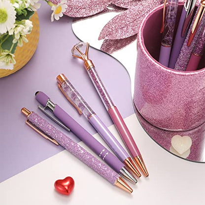 Sabary 8 Pcs Violet Pens with Pen Holder for Desk Glitter Crystal Diamond Cute Ballpoint Fancy Pencil Holder Bling Desk Organizer for Women Girls School Office Supplies Wedding Graduation Gifts - color: Violet