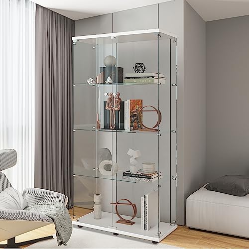 Beauty4U Glass Display Cabinet with 4 Shelves, 2 Doors Curio Cabinets for Living Room, Bedroom, Office, White Floor Standing Glass Bookshelf, Quick Installation - color: White, size: 2-Door 4-Shelf