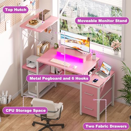 Small Gaming Desk with 2 Fabric Drawers - Reversible Computer Desk with Power Outlet & LED Lights, 49" Office Desk with Monitor Stand & Storage Shelves, Writing Study Table with Pegboard, Pink - color: Pink