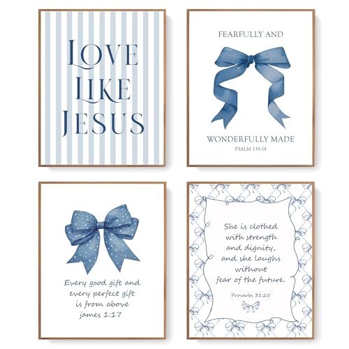 LARTSFRO Coquette Navy Blue Bow Jesus Wall Art Decor Posters, Blue Bow Christian Room Bedroom Bathroom Wall Art Decor Aesthetic for Teen Girls College Gifts, Inspirational Bible Verses Bow Wall Decor, 10x8 Inch Set of 4 Bow Pictures(UNFRAMED) - color: nav