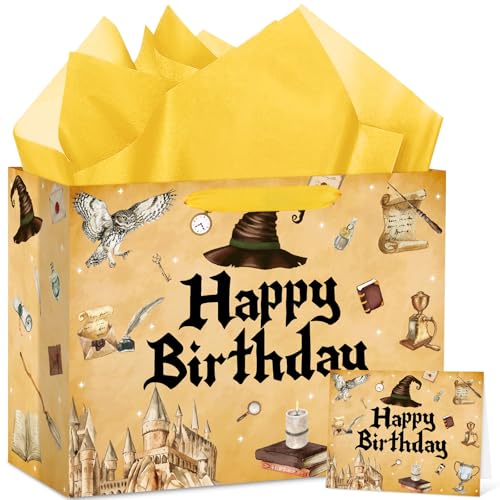 Hooqict Magical Wizard Gift Bag Happy Birthday Gift Wrapping Bag with Handles, Tissue Paper and Greeting Cards for Kids Girls Boys Wizard Birthday Party Supplies Halloween Party Favors - color: Magical Wizard