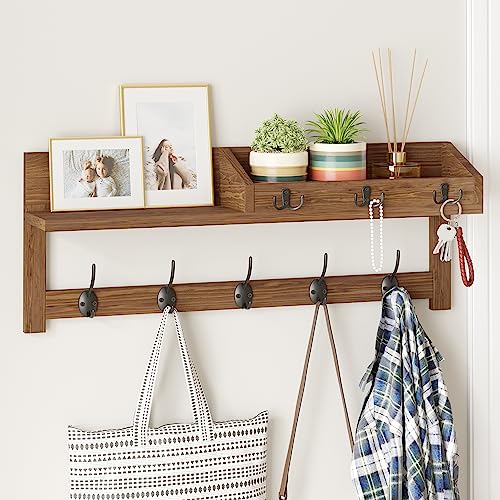 AMBIRD Wall Hooks with Shelf, 26.57 Inch Entryway Wood Coat Hooks for Wall with Shelf, Coat Rack Wall Mount with 5 Dual Hooks 3 Key Hooks Mail Organizer and Key Rack Holder (Brown) - color: Brown, size: 26.57" L