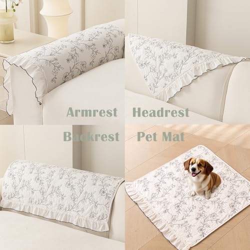 Couch Arm Covers, Cotton Boho Floral Couch Covers for Sofa, Non-Slip Armchair Sofa Slipcovers, Armrest Pads, Pet Friendly Couch Protector for Dogs Washable (1PC, White and Black, 28"X28") - color: Floral White, size: 28"x 28"