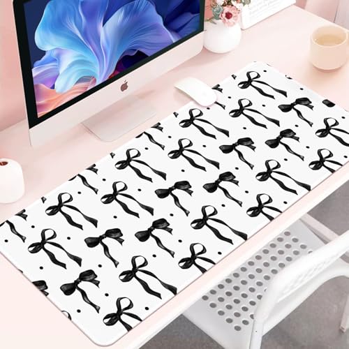 White Mouse Pad with Black Bows, Large Desk Mat Mouse Keyboard Mat for Computer Laptop Non-Slip Rubber Base, Cute Bow Office Mat Girly Desktop Accessories Office Supplies for Girls Women 31.5 x 11.8 - color: Black, size: 31.5" x 11.8"