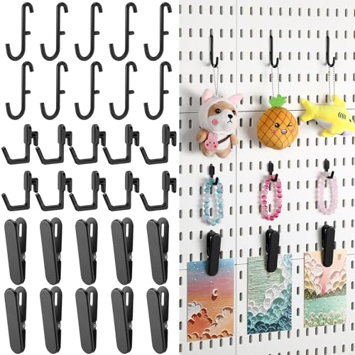 Kathfly 30pcs Pegboard Accessories 10 Clips 20 Hooks, Peg Board Accessory Kit for Wall Organizer Compatible with IKEA Skadis Pegboard, Crafts Organization, Ornaments Display (Black) - color: Black
