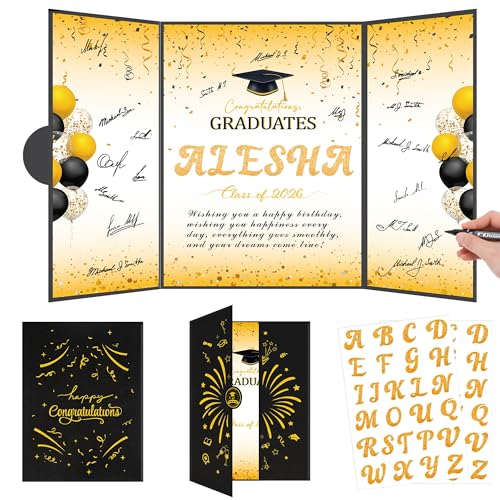 Graduation Decorations 2026, Black Gold Graduation Guest Book DIY Kit, Class of 2026 Signature Book with Gold Letter Stickers and Pen, Congratulations Graduates Gifts and Party Favors - color: Black Gold