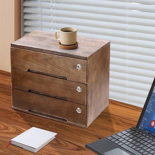 Wooden Desk Organizer with Drawers & Lock, Desktop Countertop Storage Cabinet Lockable Home Office Supplies File Tabletop Organizing Unit (3 Drawer - Retro Walnut) - style: 3 Drawer - Retro Walnut