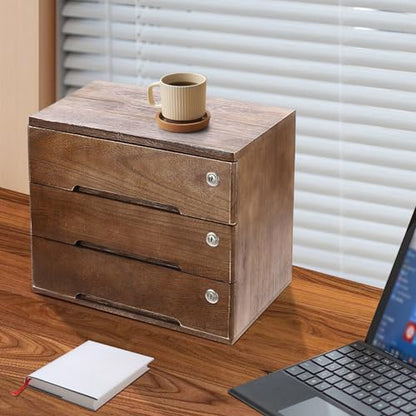 Wooden Desk Organizer with Drawers & Lock, Desktop Countertop Storage Cabinet Lockable Home Office Supplies File Tabletop Organizing Unit (3 Drawer - Retro Walnut) - style: 3 Drawer - Retro Walnut