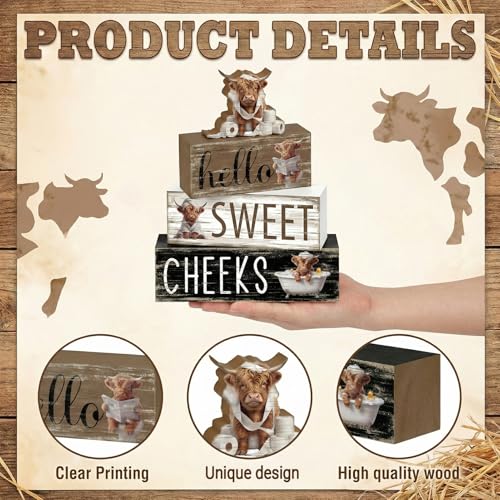 4 Pcs Highland Cow Bathroom Decor Funny Farmhouse Tiered Tray Decor Rustic Highland Cow Table Wooden Signs Home Bathroom Shelf Sitter Restroom Accessories Guest Housewarming Gift Set - style: Highland Cow