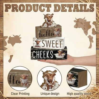 4 Pcs Highland Cow Bathroom Decor Funny Farmhouse Tiered Tray Decor Rustic Highland Cow Table Wooden Signs Home Bathroom Shelf Sitter Restroom Accessories Guest Housewarming Gift Set - style: Highland Cow