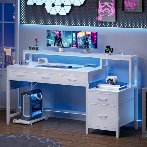 REAHOME 61 Inch Gaming Desk with Charging Station and LED Lights, Reversible Computer Desk with Storage Drawer and Monitor Stand, Modern Desk Table with File Cabinet & Side Pocket, Carbon Fiber White - color: Carbon Fiber White