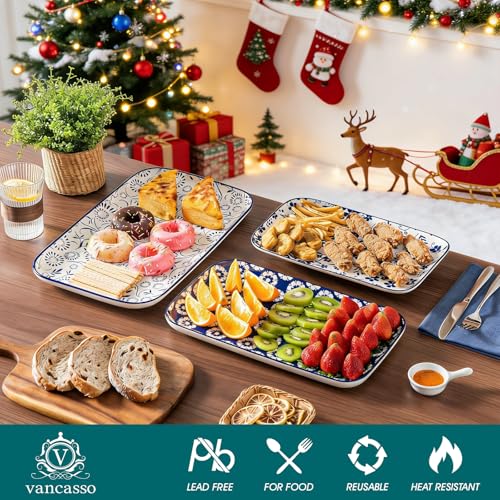 vancasso Porcelain Serving Platters Set of 3, Serving Trays for Party, Serving Dishes for Entertaining, Ceramic Trays for Serving Food, 16"/14"/12" Inch, Series SELENE - color: Vintage Blue B