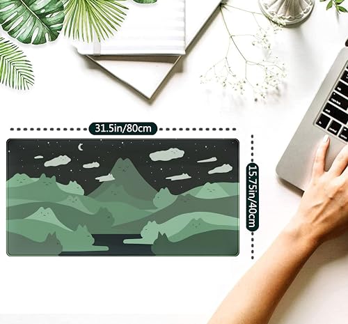 Anime Green Cats Mouse Pad Desk Pad Kawaii Cartoon Cat Desk Mat Cute, XXL Large Laptop Gaming Mousepad Keyboard Mouse Mat, Office Desk Decor matt for Women with Stitched Eges Pad, 31.5x15.75 in - color: Black Green Cartoon Cat