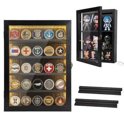 Challenge Coin Display Case with Lights Medals Collectible Figures Display Box with Led Lighting Cabinet Clear Acrylic Holder Shadow Box Wall Mounted Rack Shelf Storage Box for Bobble Heads Black