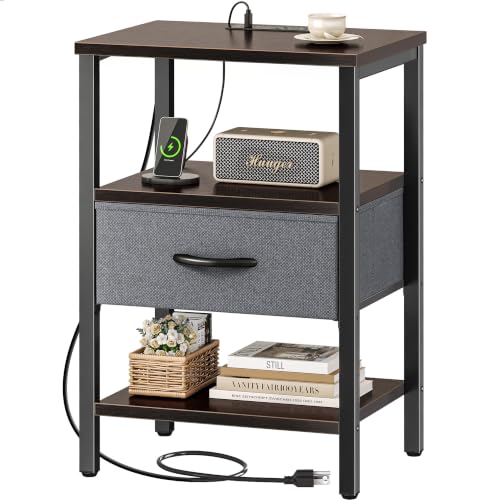 SUPERJARE Nightstand with Charging Station, Bed Side Table with Adjustable Fabric Drawer, Night Stand for Bedroom, 3-Tier Storage End Table, for Living Room - Walnut - color: Walnut, size: M (11.8"D x 15.7"W x 23.4"H)