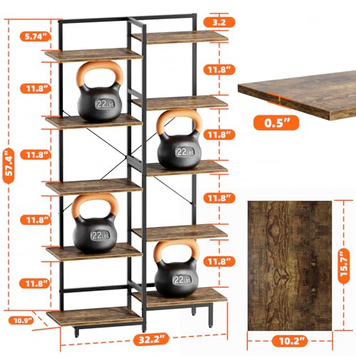 Aquzee 5 Tier Bookshelf, Tall Bookcase Shelf Storage Organizer with Wood and Metal Frame, Free Standing Storage Shelving for Bedroom, Living Room and Home Office, Rustic Brown