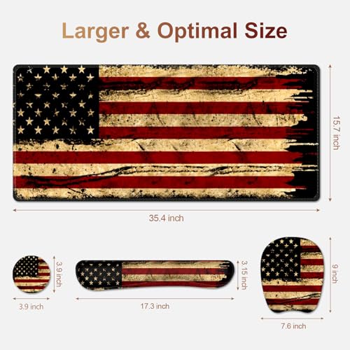 Large Mouse Pad with Wrist Support 4in1 Set, XXL Game Mousepad + Keyboard Wrist Rest+Mouse Wrist Rest+Coaster with Ergonomic Design Gaming Mat for Home Office Table Computer I Retro USA Flag - color: Retro USA Flag