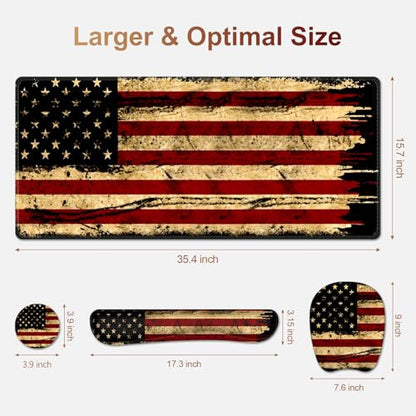 Large Mouse Pad with Wrist Support 4in1 Set, XXL Game Mousepad + Keyboard Wrist Rest+Mouse Wrist Rest+Coaster with Ergonomic Design Gaming Mat for Home Office Table Computer I Retro USA Flag - color: Retro USA Flag