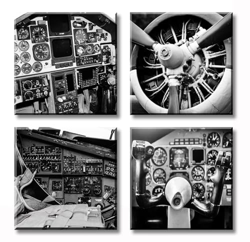 DJSYLIFE Vintage Airplane Wall Art - 4-Panel Black and White Canvas Print Poster, Propeller Plane Close-Up Decor for Office, Bedroom, Man Cave, Modern Home Decor, Ready to Hang 12"x12"x4 - color: Black Air