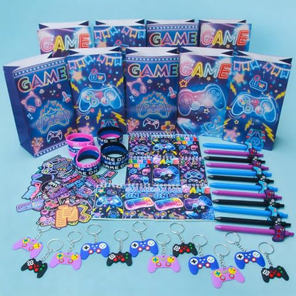 Tuhangcc 110Pcs Video Game Party Favors Set For 12 Guest Included Video Game Keychains Gamer Goodie Bag Silicone Wristband Stickers Notebooks Gel Pen For Gamer Party Favors Gamer Birthday Party Gifts