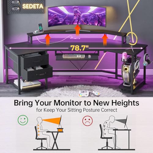 SEDETA 79" Gaming Desk, Computer Desk with 2 Fabric Drawers & LED Light, L Shaped Gaming Desk with Storage Shelf for Home Office, Carbon Fiber Black - color: Carbon Fiber Black