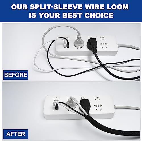 Split-Sleeve Wire Loom for High-Temperature Automotive Harness and Home Cable Management, 25ft - 1/4 inch Braided Cable Management Sleeve Cord Protector, Self-Wrapping Split Wire Loom - size: 1/4"